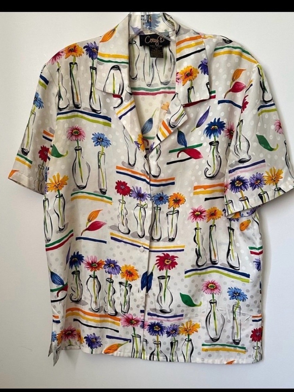Corey B. Vintage Flowers Vases 100%Silk Button Front Shirt Short Sleeves ~size 4